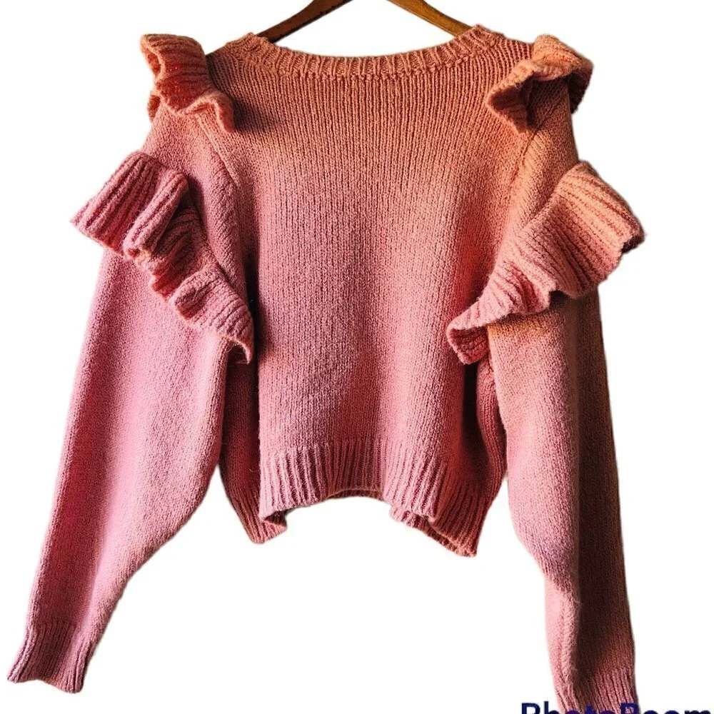 Pink Ruffle Crop Knit Sweater Women’s Size XL Cottagecore - Picture 6 of 12